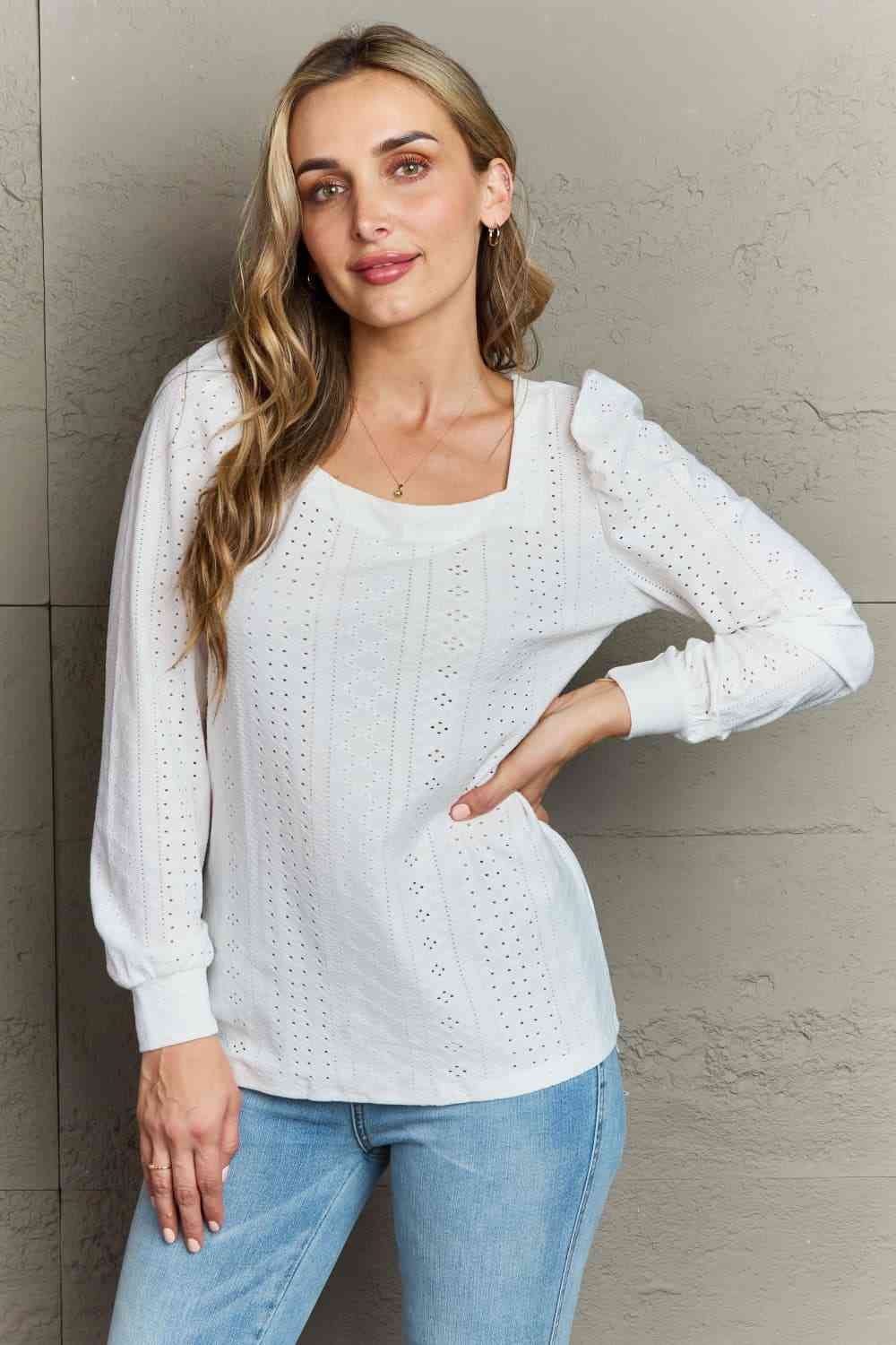 Eyelet Square Neck Puff Sleeve Blouse