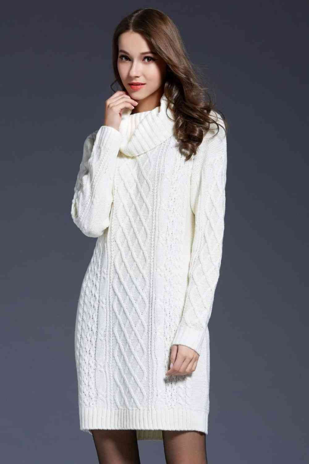 Full Size Mixed Knit Cowl Neck Dropped Shoulder Sweater Dress