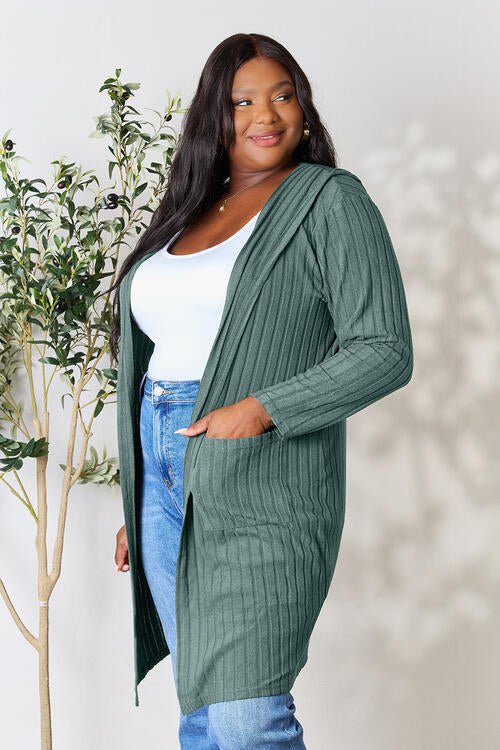 Full Size Ribbed Open Front Long Sleeve Cardigan