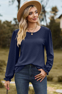 Eyelet Round Neck Flounce Sleeve T-Shirt