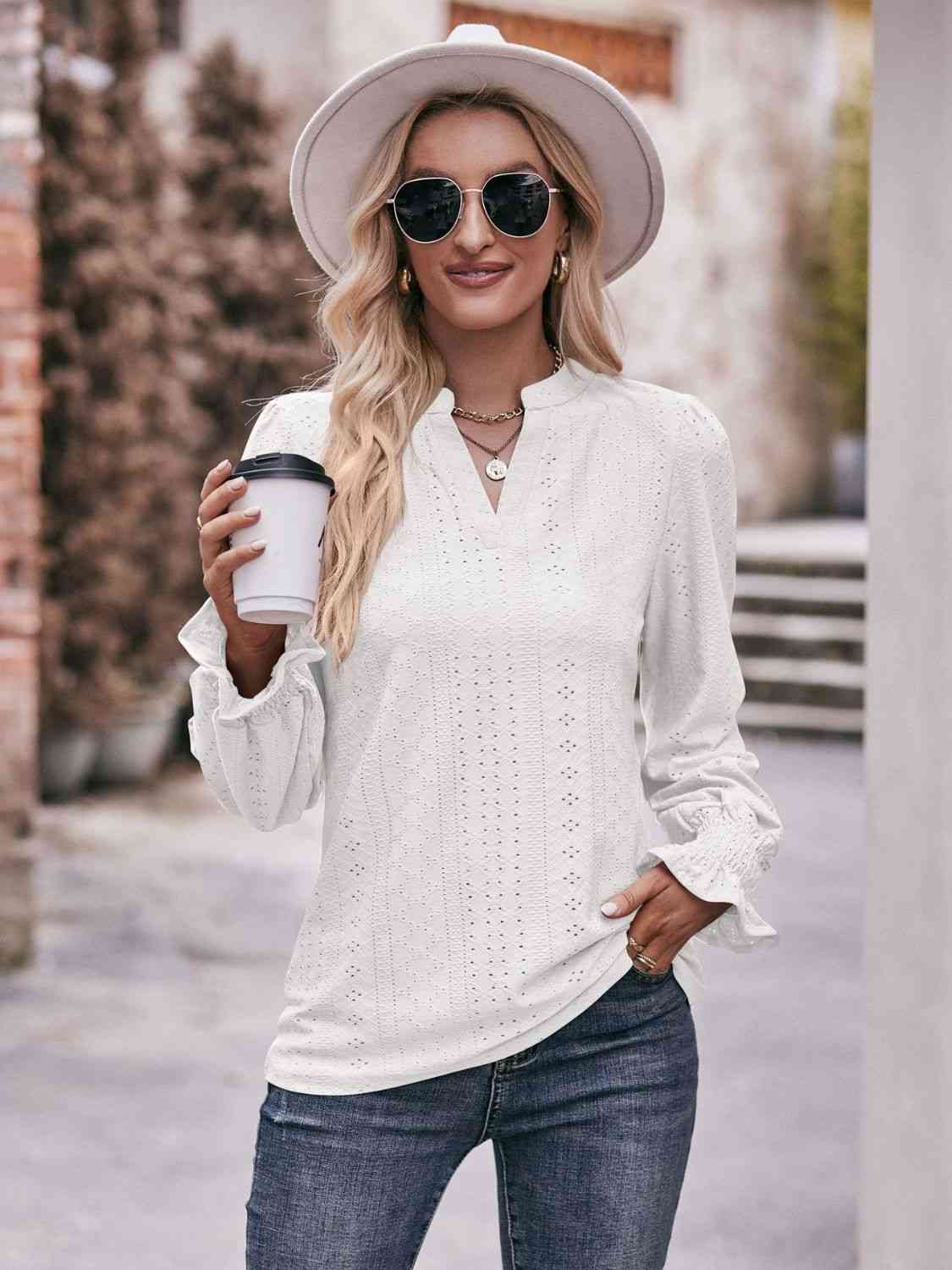 Eyelet Notched Neck Flounce Sleeve Blouse