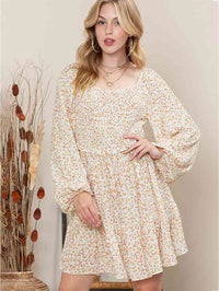 Printed Square Neck Long Sleeve Smocked Dress