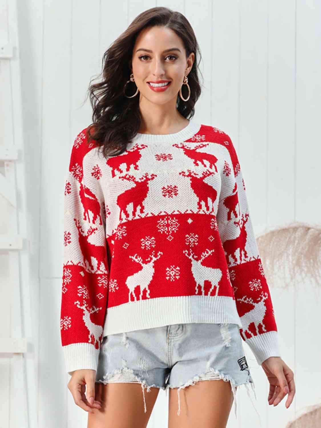 Reindeer Graphic Round Neck Sweater