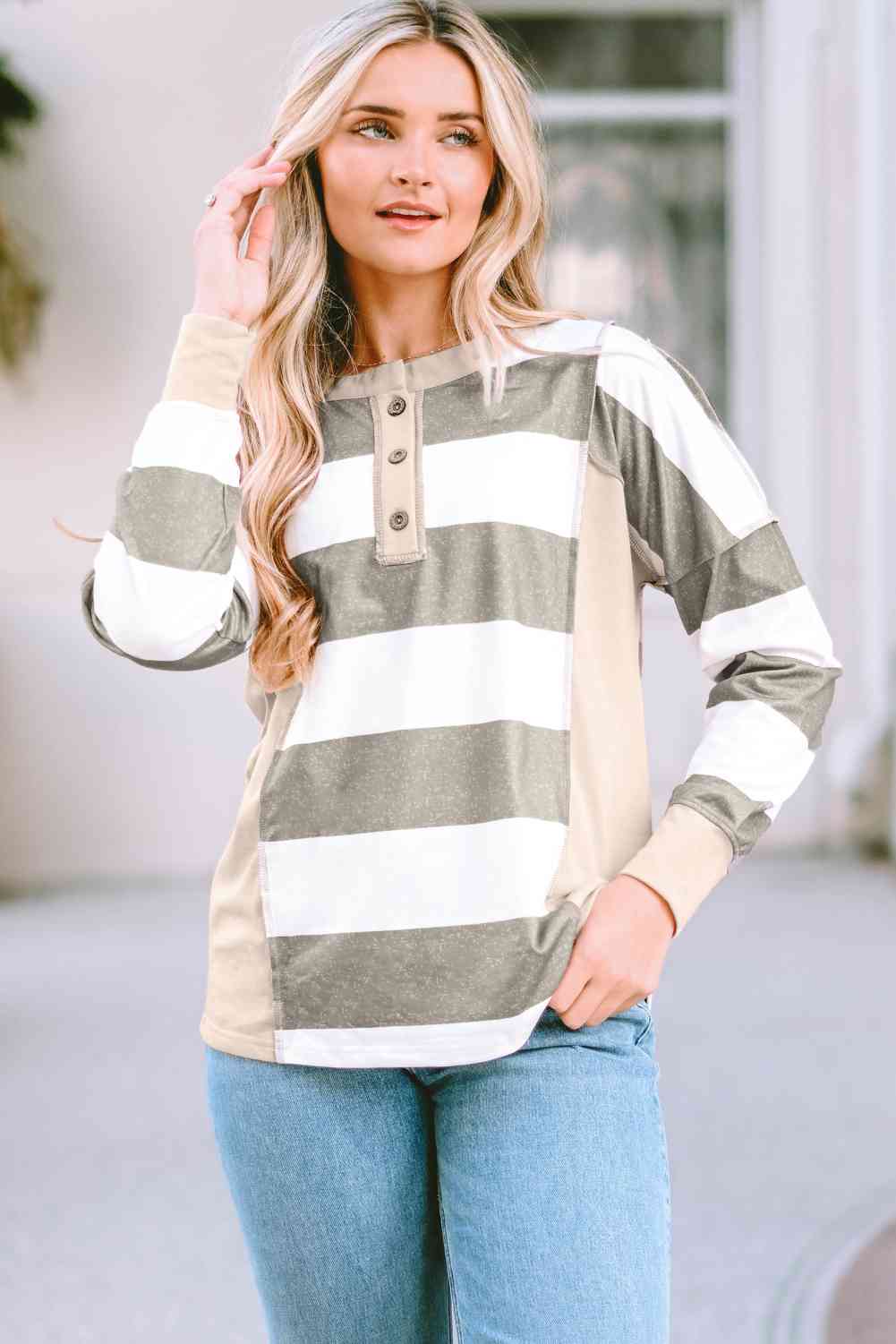 Striped Exposed Seam Buttoned T-Shirt