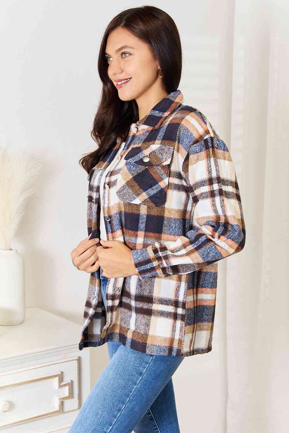 Plaid Button Front Shirt Jacket with Breast Pockets