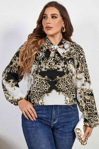 Plus Size Printed Tie Neck Long Sleeve Blouse