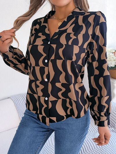 Black and White Printed Button Up Long Sleeve Shirt