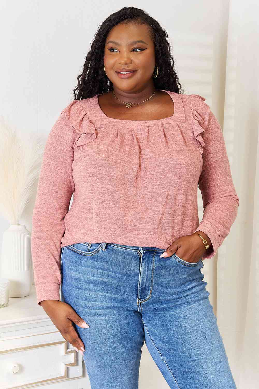 Square Neck Ruffle Shoulder Long Sleeve T-Shirt