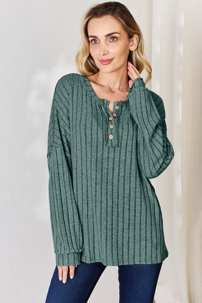 Full Size Ribbed Half Button Long Sleeve T-Shirt