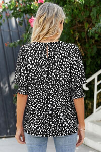 Polka Dot Round Neck Lantern Sleeve Blouse