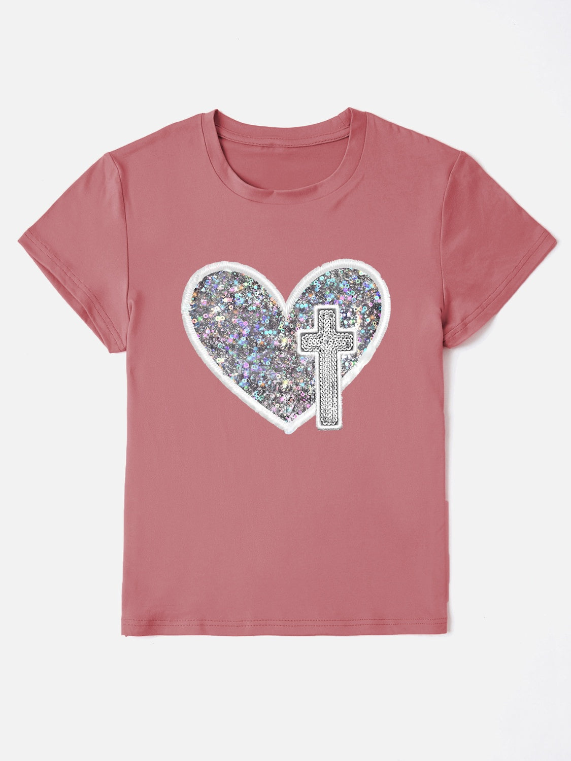 Sequin Heart Round Neck Short Sleeve T-Shirt