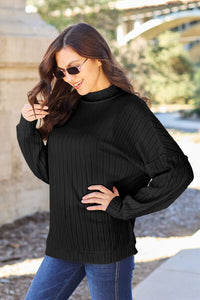 Full Size Ribbed Exposed Seam Mock Neck Knit Top