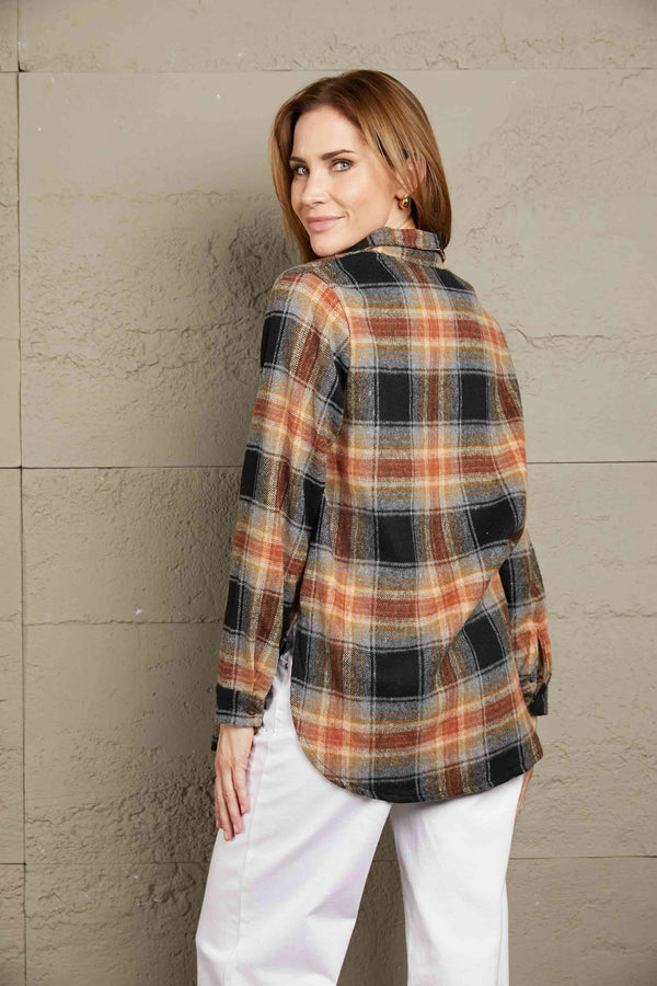 Plaid Side Slit Curved Hem Shirt