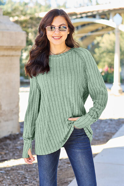 Full Size Ribbed Round Neck Long Sleeve Knit Top