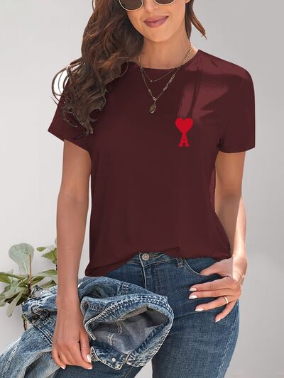 Heart Round Neck Short Sleeve T-Shirt