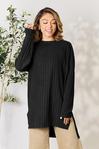 Full Size Ribbed Round Neck Long Sleeve Slit Top