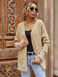 Ribbed Open Front Long Sleeve Cardigan with Pockets