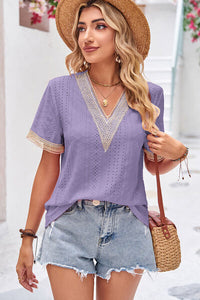 Eyelet V-Neck Short Sleeve T-Shirt