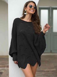 Full Size Boat Neck Lantern Sleeve Openwork Knit Top