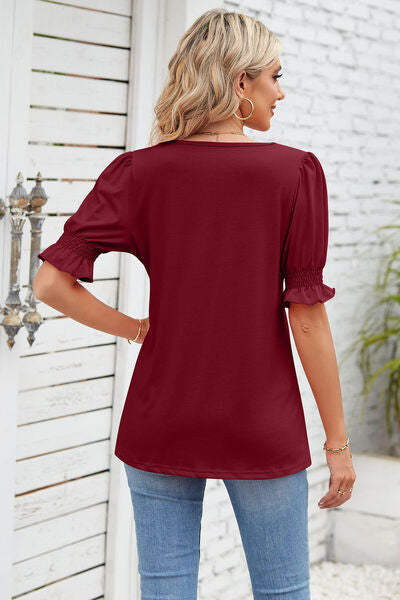 Smocked Square Neck Short Sleeve T-Shirt