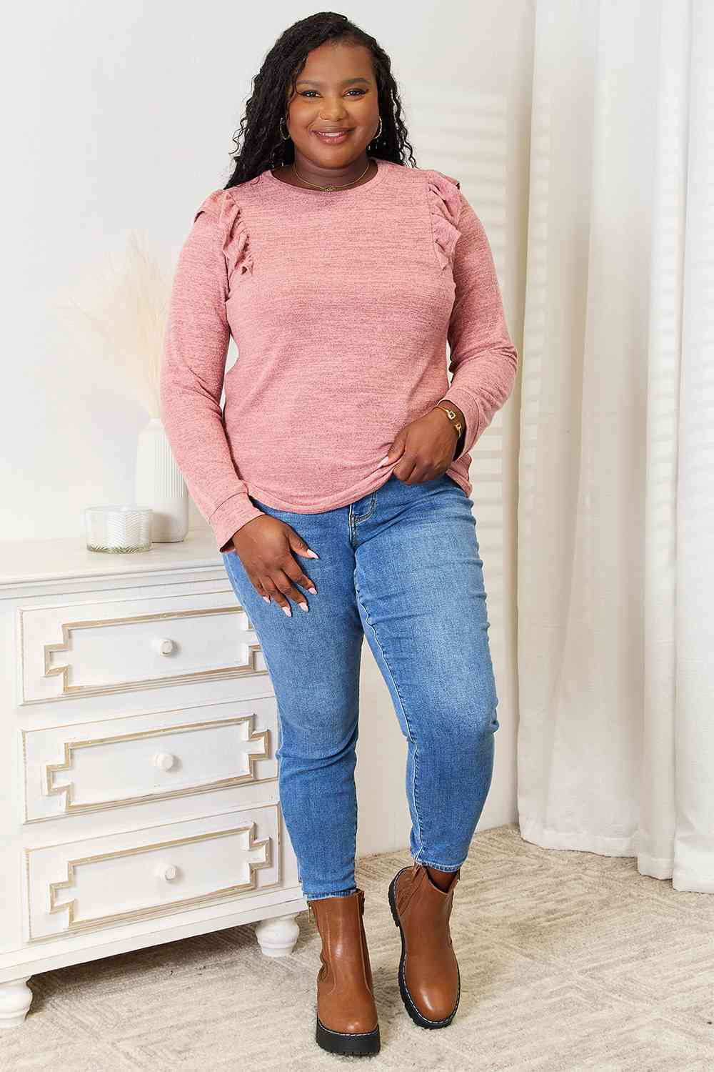 Ruffle Shoulder Long Sleeve T-Shirt