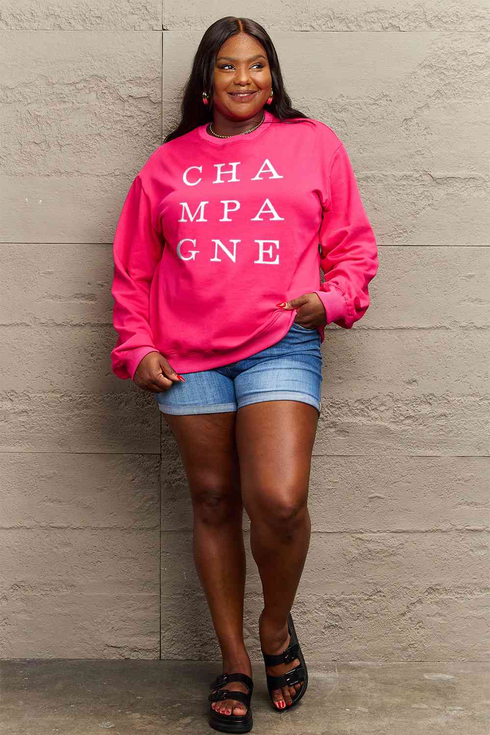 Full Size CHAMPAGNE Graphic Long Sleeve Sweatshirt