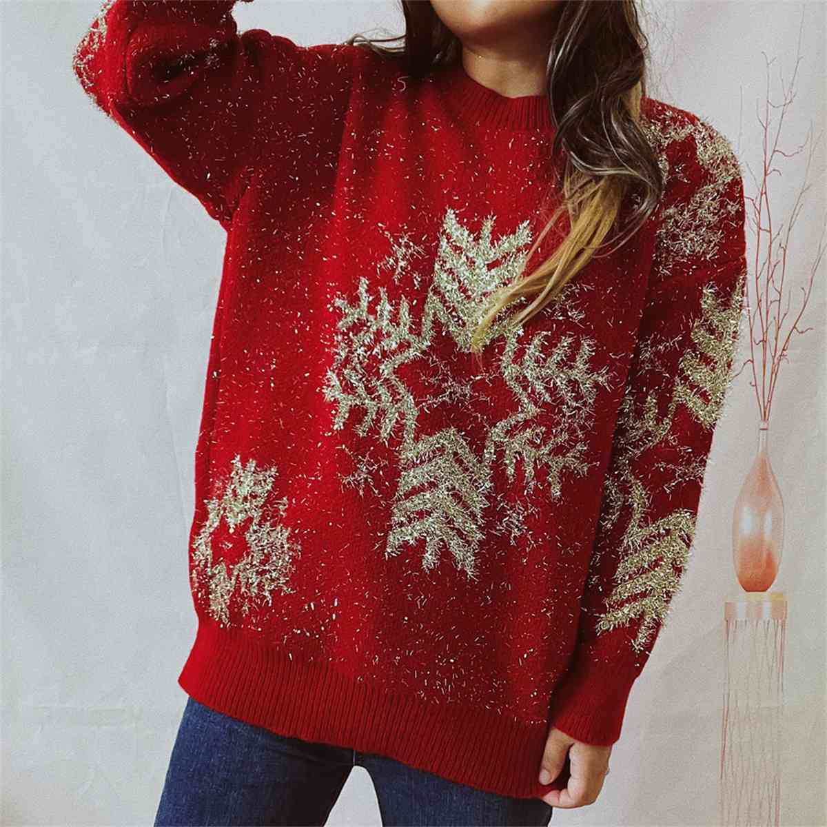 Large Snowflake Pattern Long Sleeve Sweater