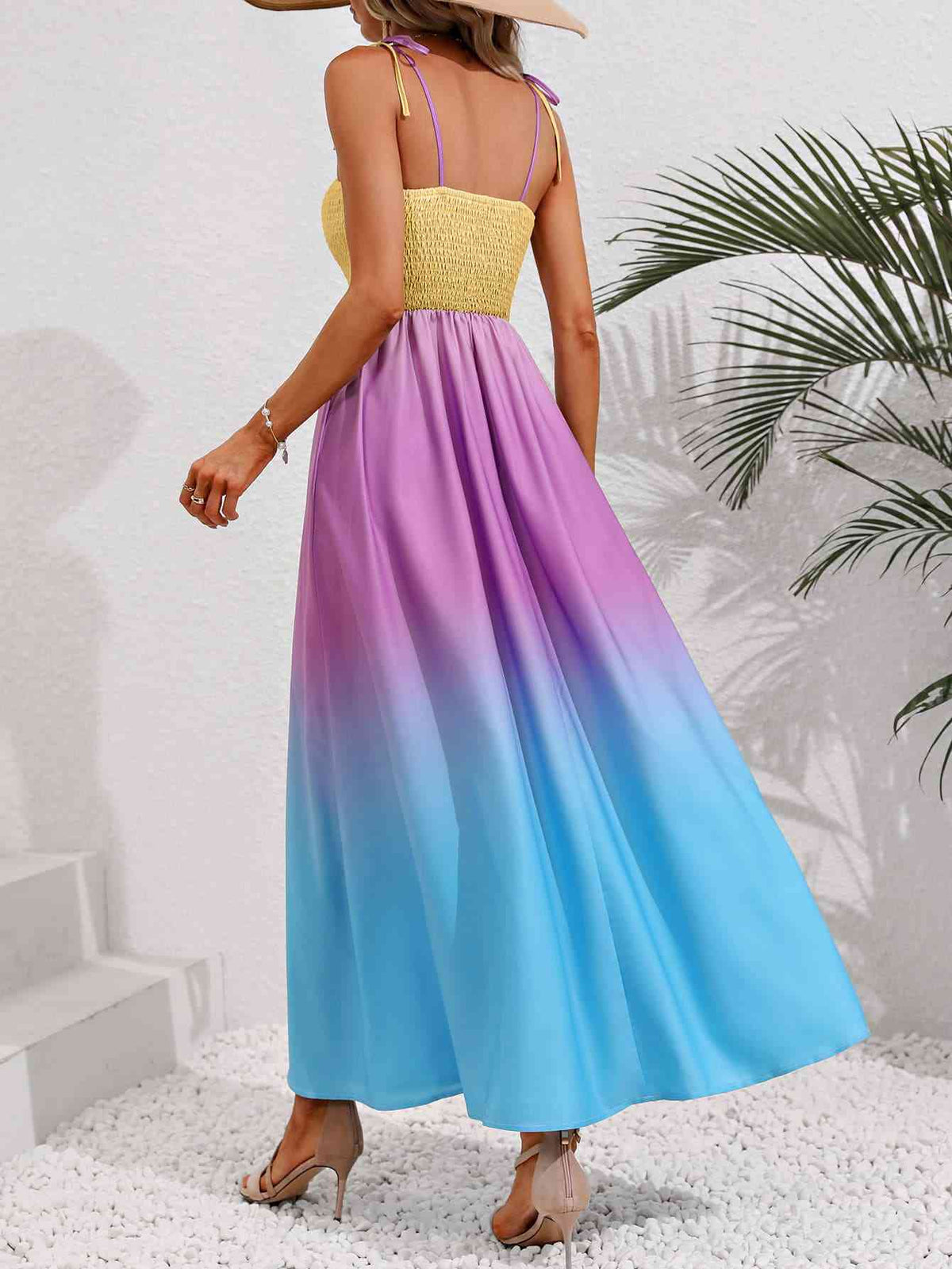 Color Block Tie Shoulder Smocked Maxi Dress