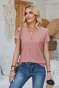 Decorative Button Eyelet V-Neck Short Sleeve T-Shirt