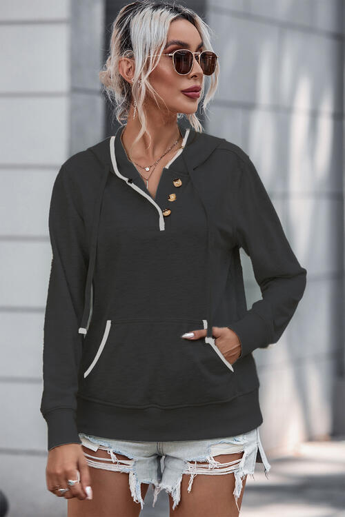 Half Button Drawstring Long Sleeve Hoodie