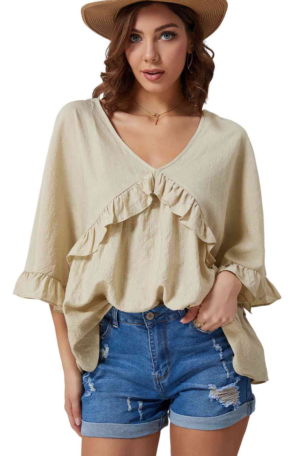 Ruffled V-Neck Half Sleeve Blouse