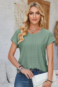 Eyelet Round Neck Rolled Short Sleeve T-Shirt