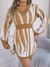 Animal Print V-Neck Long Sleeve Sweater Dress