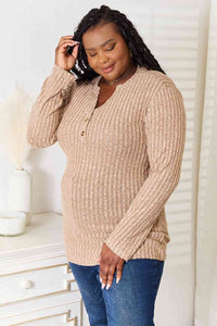 Notched Neck Ribbed Long Sleeve T-Shirt