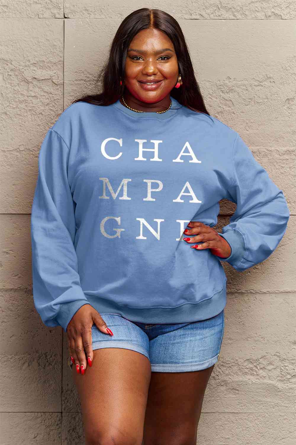 Full Size CHAMPAGNE Graphic Long Sleeve Sweatshirt