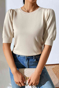 Round Neck Puff Sleeve Knit Top