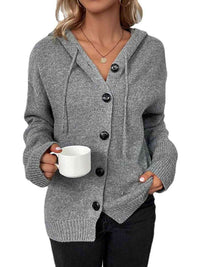 Button Up Drawstring Long Sleeve Hooded Cardigan