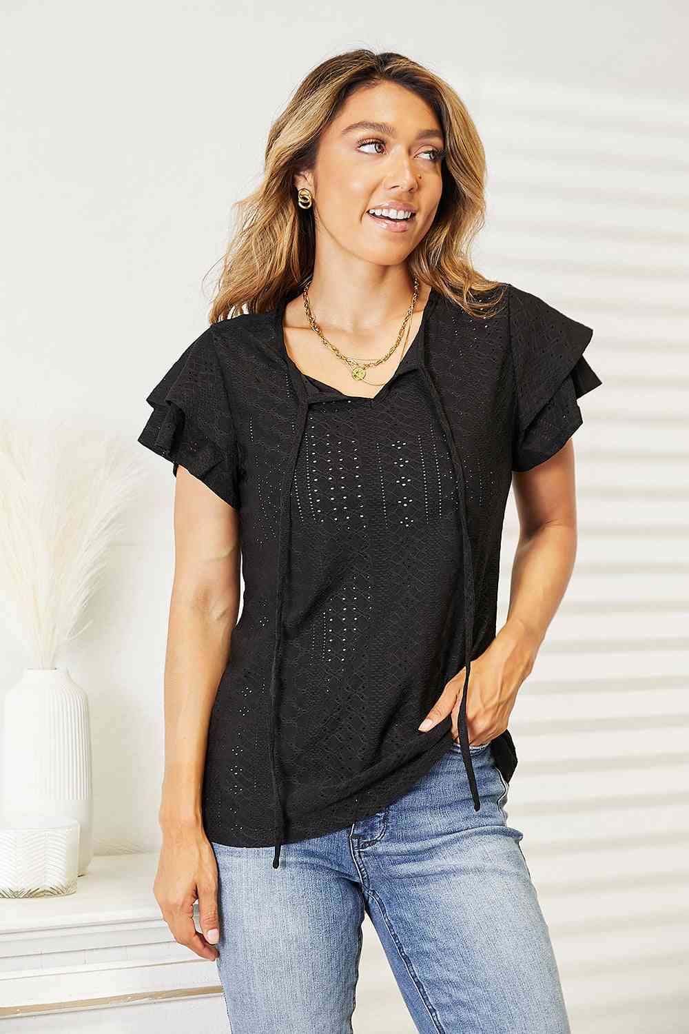 Black Eyelet Tie-Neck Blouse