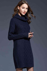 Full Size Mixed Knit Cowl Neck Dropped Shoulder Sweater Dress