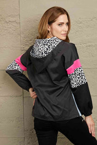 Leopard Color Block Zip-Up Hooded Jacket