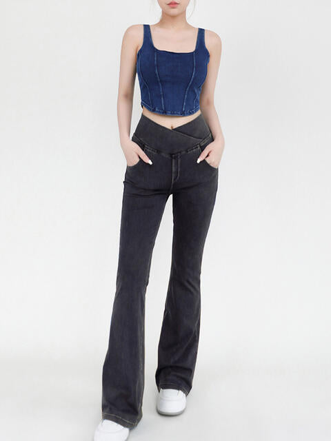 Wide Waistband Bootcut Jeans with Pockets