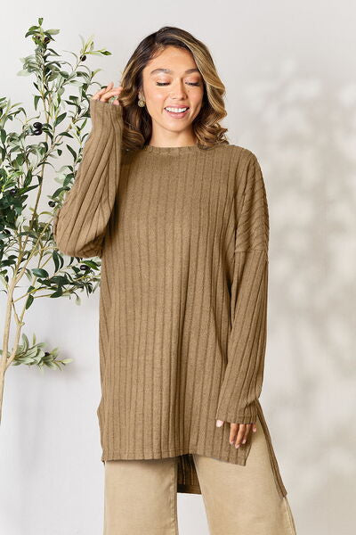 Full Size Ribbed Round Neck Long Sleeve Slit Top