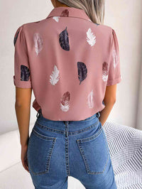 Feather Print Lapel Collar Puff Sleeve Shirt