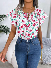 Floral Flutter Sleeve Tie Neck Blouse