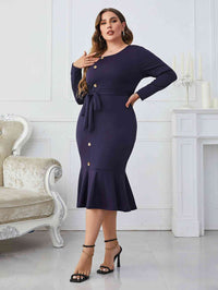 Plus Size Buttoned Round Neck Tie Belt Midi Dress