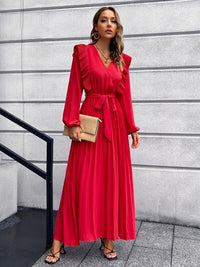 Pleated Surplice Tie Waist Maxi Dress