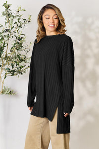 Full Size Ribbed Round Neck Long Sleeve Slit Top