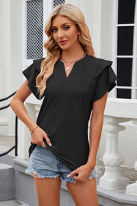 Notched Short Sleeve Eyelet T-Shirt