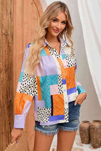 Patchwork Puff Sleeve Collared Shirt