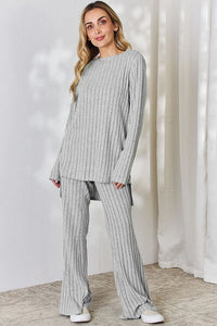 Full Size Ribbed High-Low Top and Wide Leg Pants Set